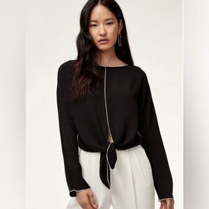 Aritzia Babaton Abasi Black/White Tie Front Crop Formal Long Sleeve Blouse SzXS